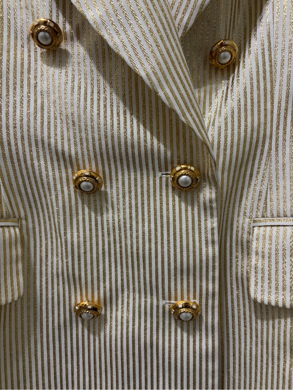 Vintage ESCADA Margaretha Ley Gold Metallic Stripe Double Breasted Blazer 42 - Picture 2 of 12